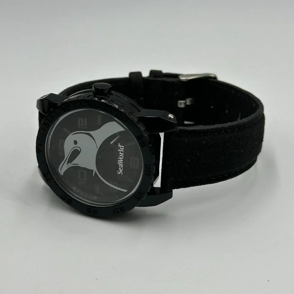 Sprout Seaworld Watch Women Black Penguin Dial Organic Cotton Band New Battery